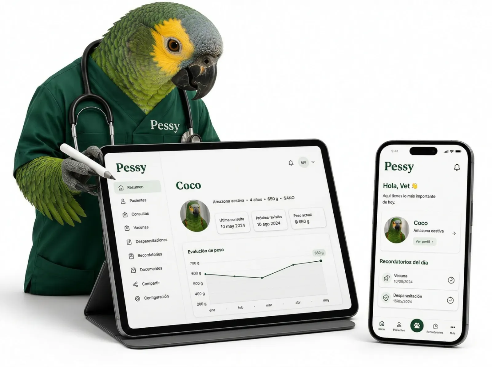 Pessy en web, iPhone y Android: historial veterinario, tareas del día y carnet digital sincronizados