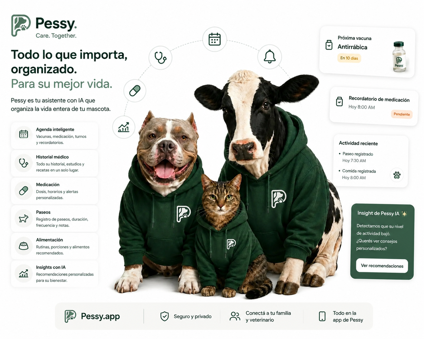 Thor el perro, una gatita y una vaca con buzos verdes de Pessy