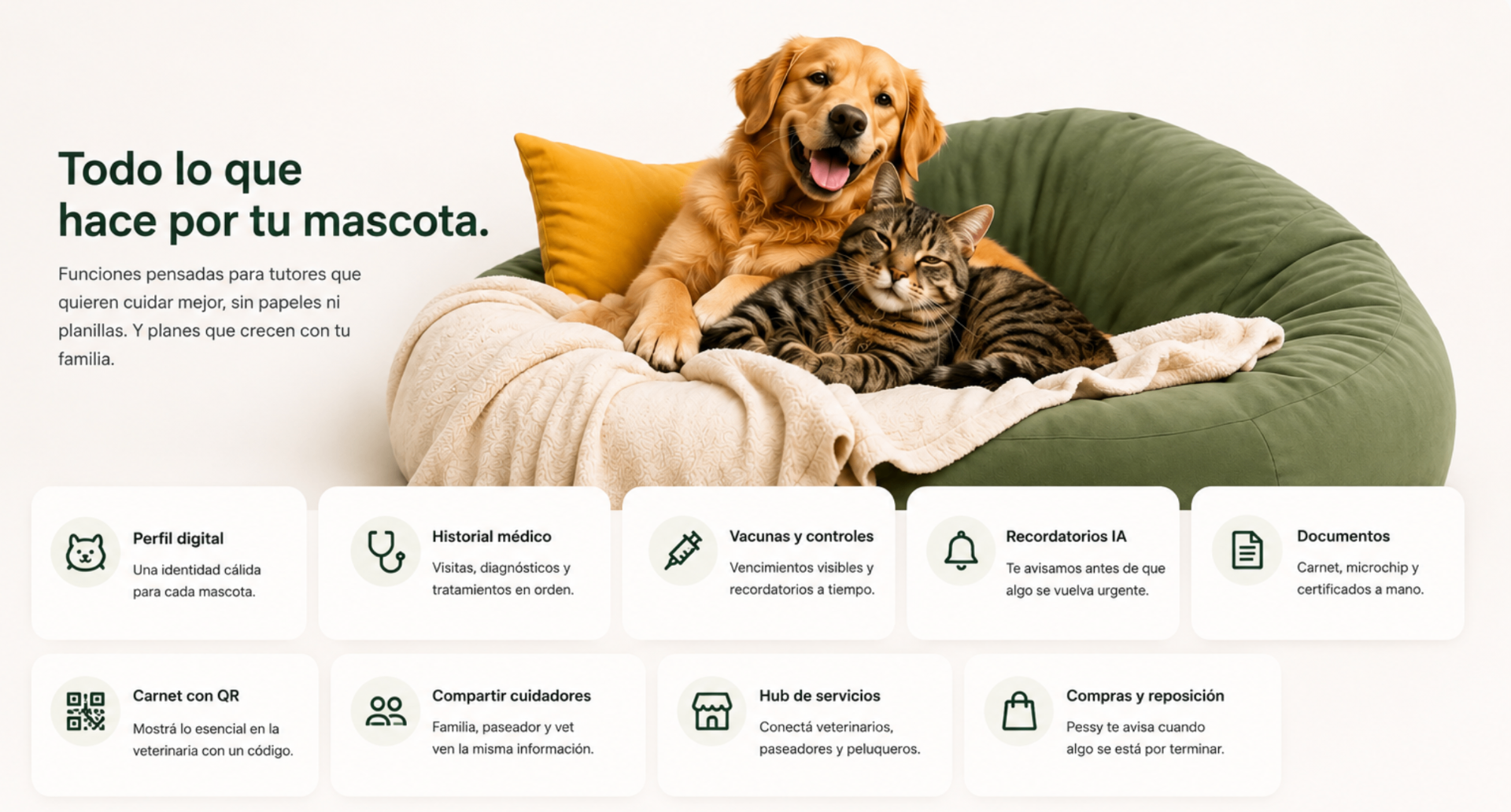 Todo lo que Pessy hace por tu mascota: perfil digital, historial médico, vacunas, recordatorios IA, documentos, carnet con QR, compartir cuidadores, hub de servicios y compras.