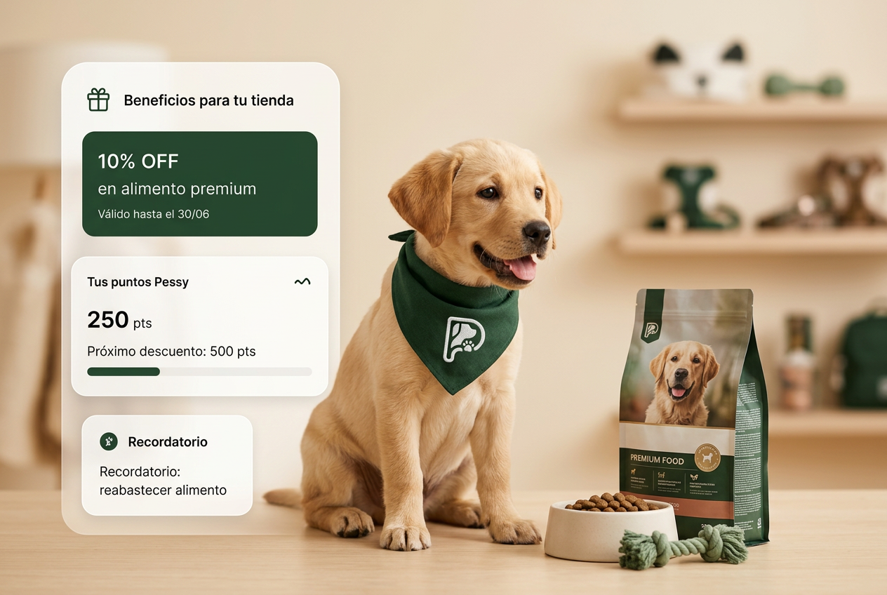 Beagle con bandana Pessy junto a alimento premium y un hueso de regalo