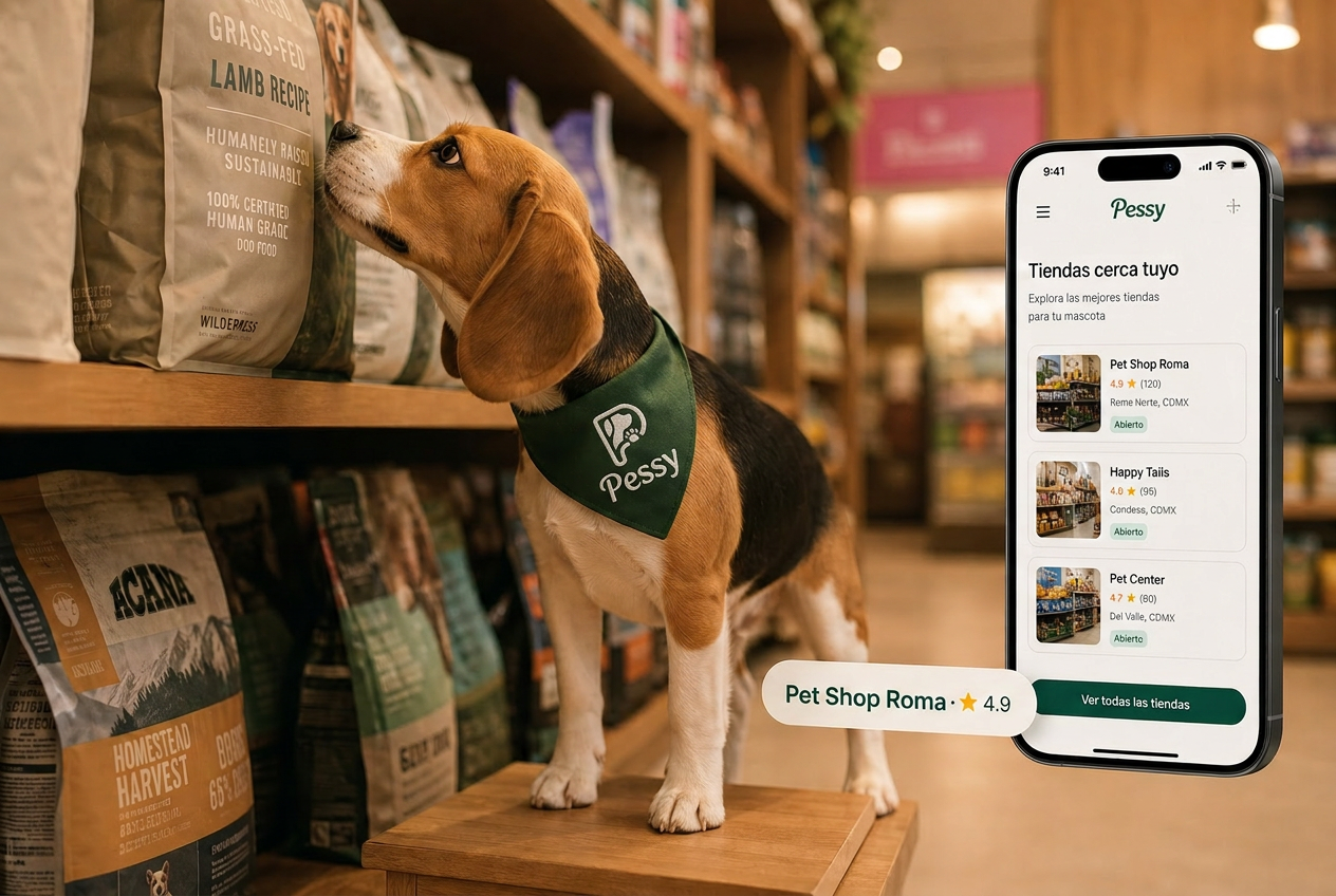 Golden retriever Pessy junto a un celular mostrando descubrimiento de tiendas cercanas