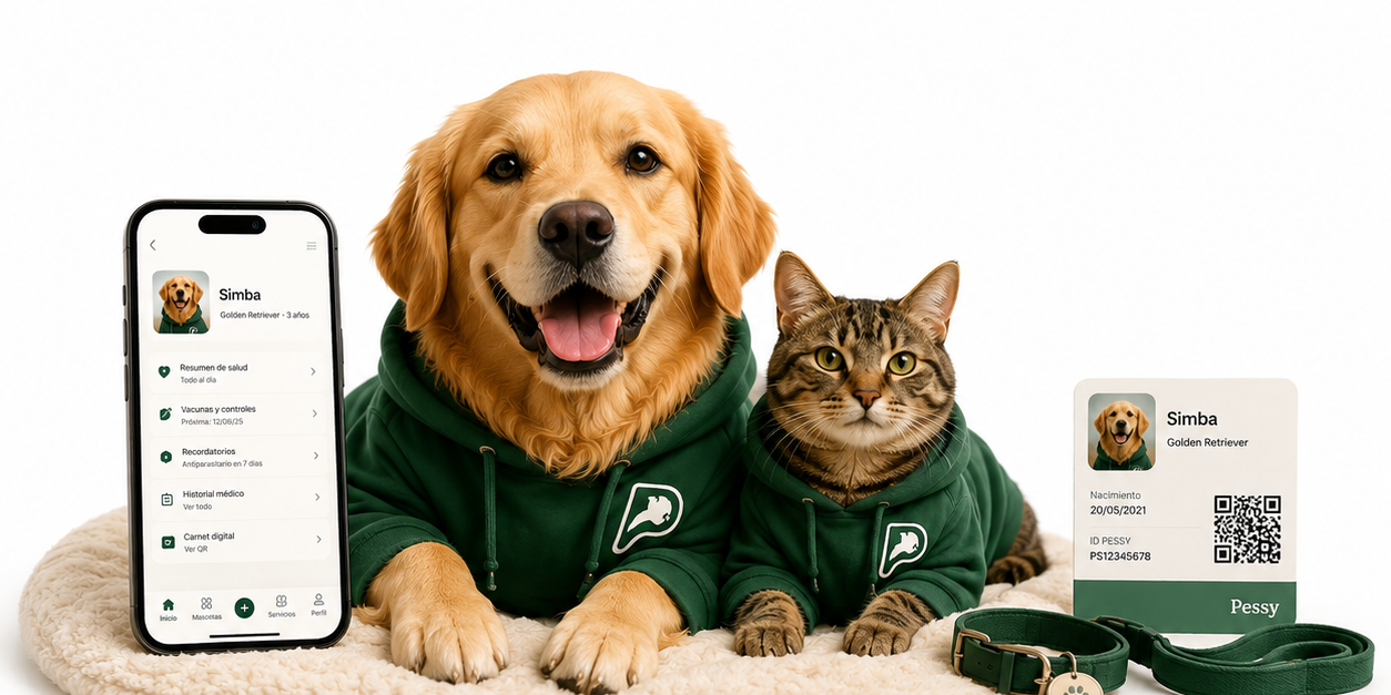 Golden retriever y gato atigrado con buzos verdes Pessy junto al teléfono mostrando la app y el carnet digital de Simba