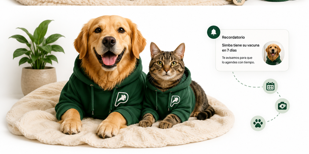 Golden retriever y gato con buzos verdes Pessy junto a una planta y un recordatorio flotante: Simba tiene su vacuna en 7 días