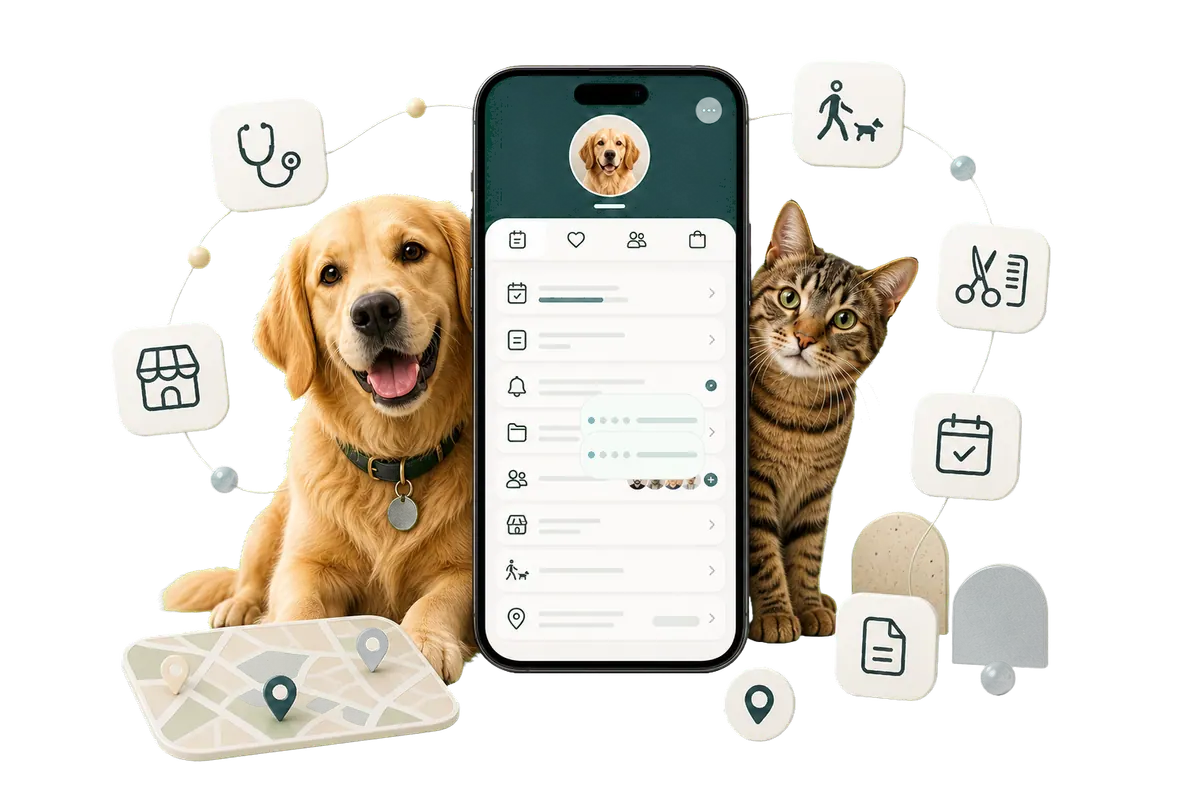 Pessy conectando el perfil de una mascota con veterinarios, tiendas, paseadores, cuidadores y servicios diarios