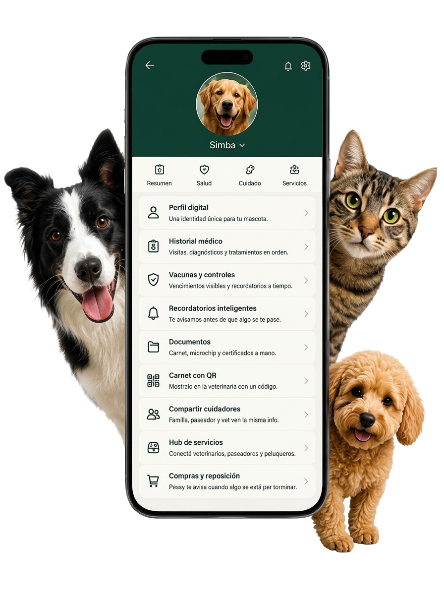 App Pessy — perfil de mascota con salud, cuidado y servicios
