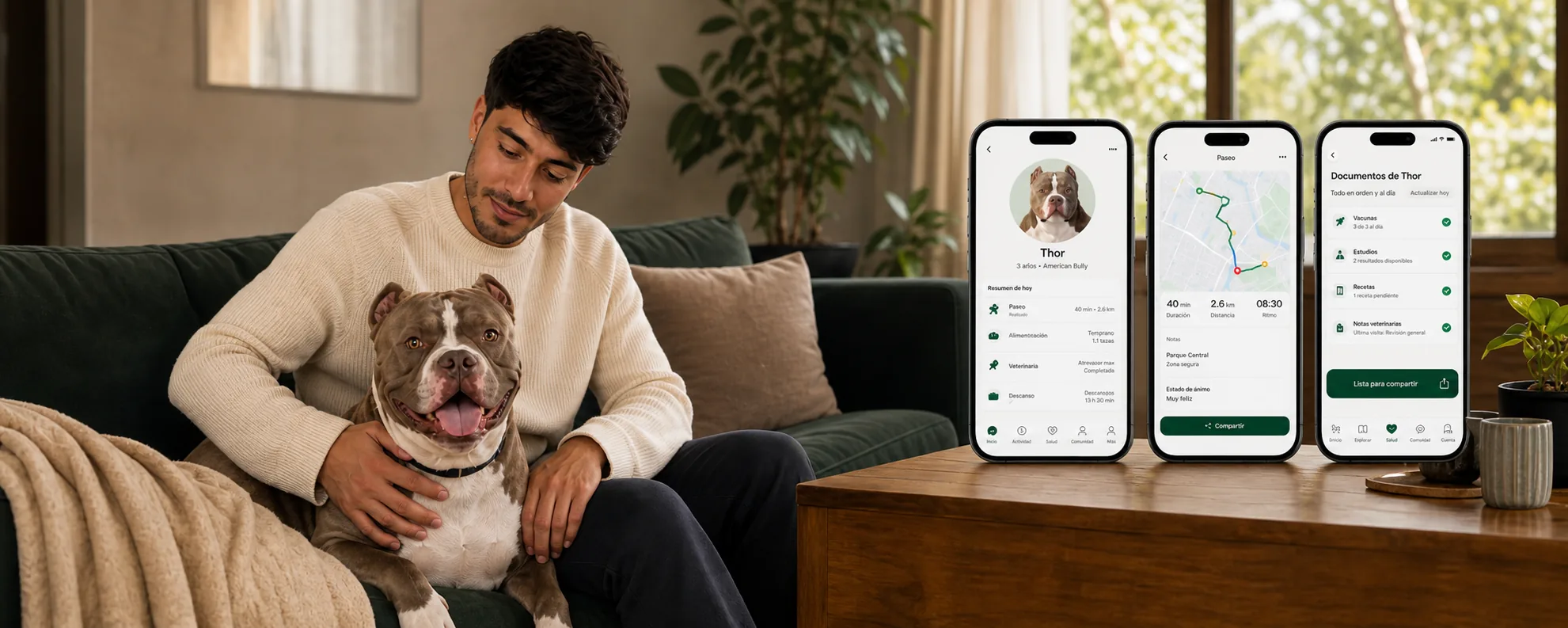 Una familia revisa la información diaria de su mascota