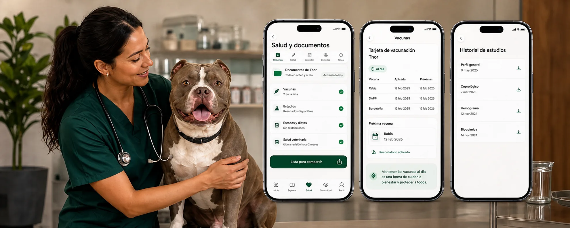 Veterinaria con Thor y pantallas de Pessy para preparar una consulta